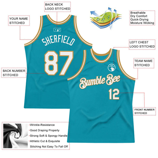 Custom Teal White-Old Gold Authentic Throwback Basketball Jersey