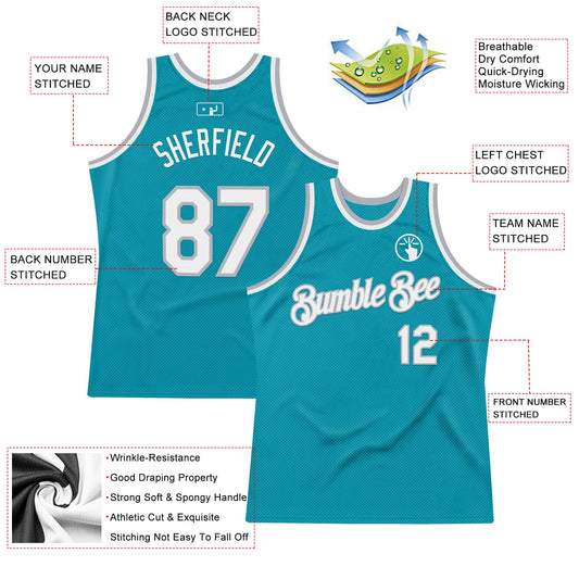 Custom Teal White-Gray Authentic Throwback Basketball Jersey