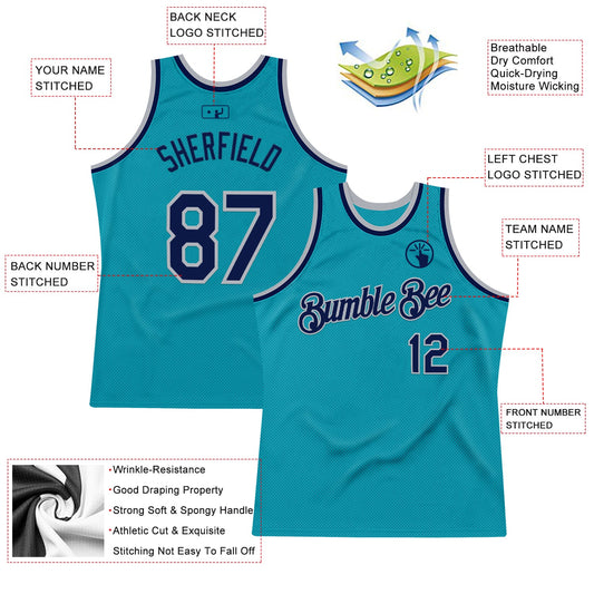 Custom Teal Navy-Gray Authentic Throwback Basketball Jersey