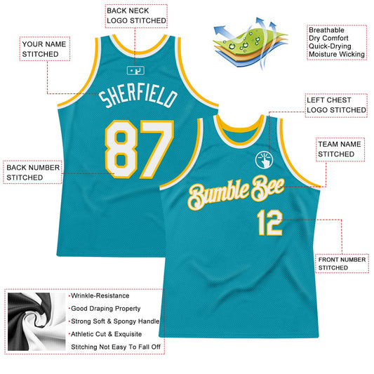Custom Teal White-Gold Authentic Throwback Basketball Jersey