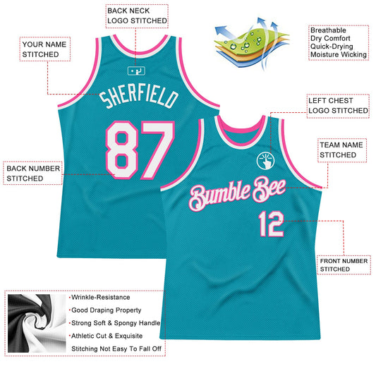 Custom Teal White-Pink Authentic Throwback Basketball Jersey