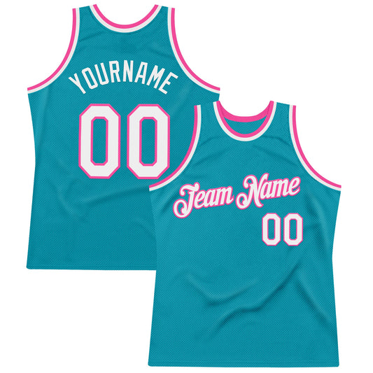 Custom Teal White-Pink Authentic Throwback Basketball Jersey
