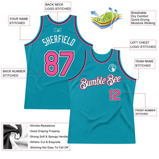 Custom Teal Pink-Black Authentic Throwback Basketball Jersey