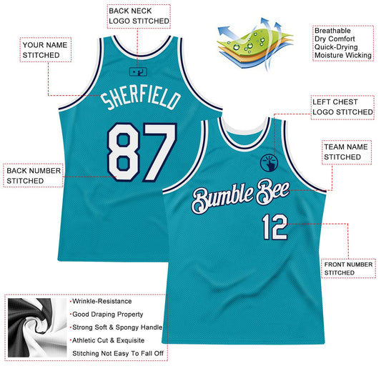 Custom Teal White-Navy Authentic Throwback Basketball Jersey
