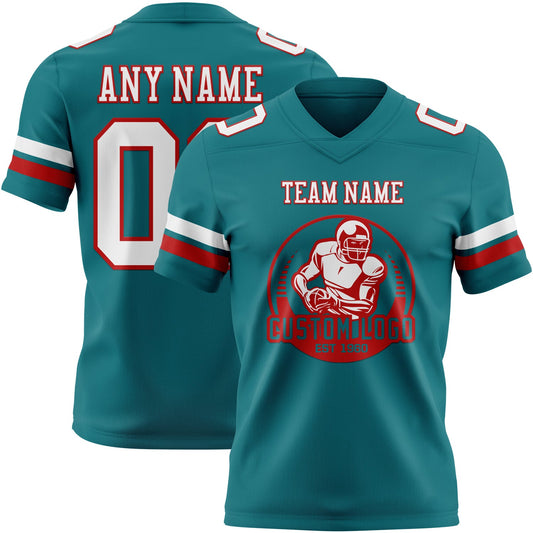 Custom Teal White-Red Mesh Authentic Football Jersey