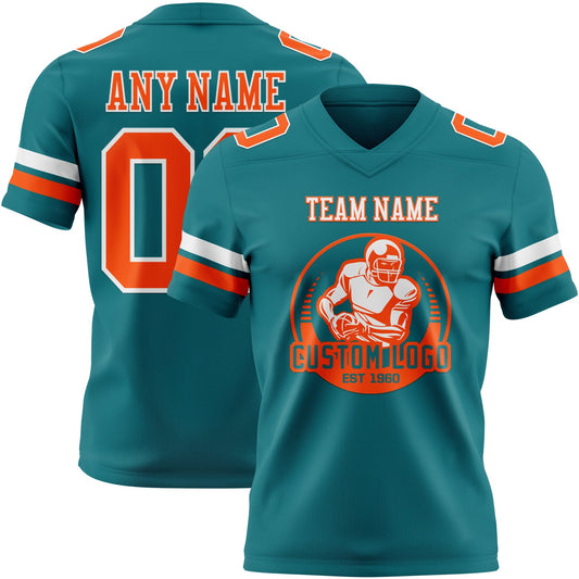 Custom Teal Orange-White Mesh Authentic Football Jersey