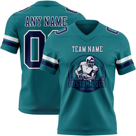 Custom Teal Navy-White Mesh Authentic Football Jersey