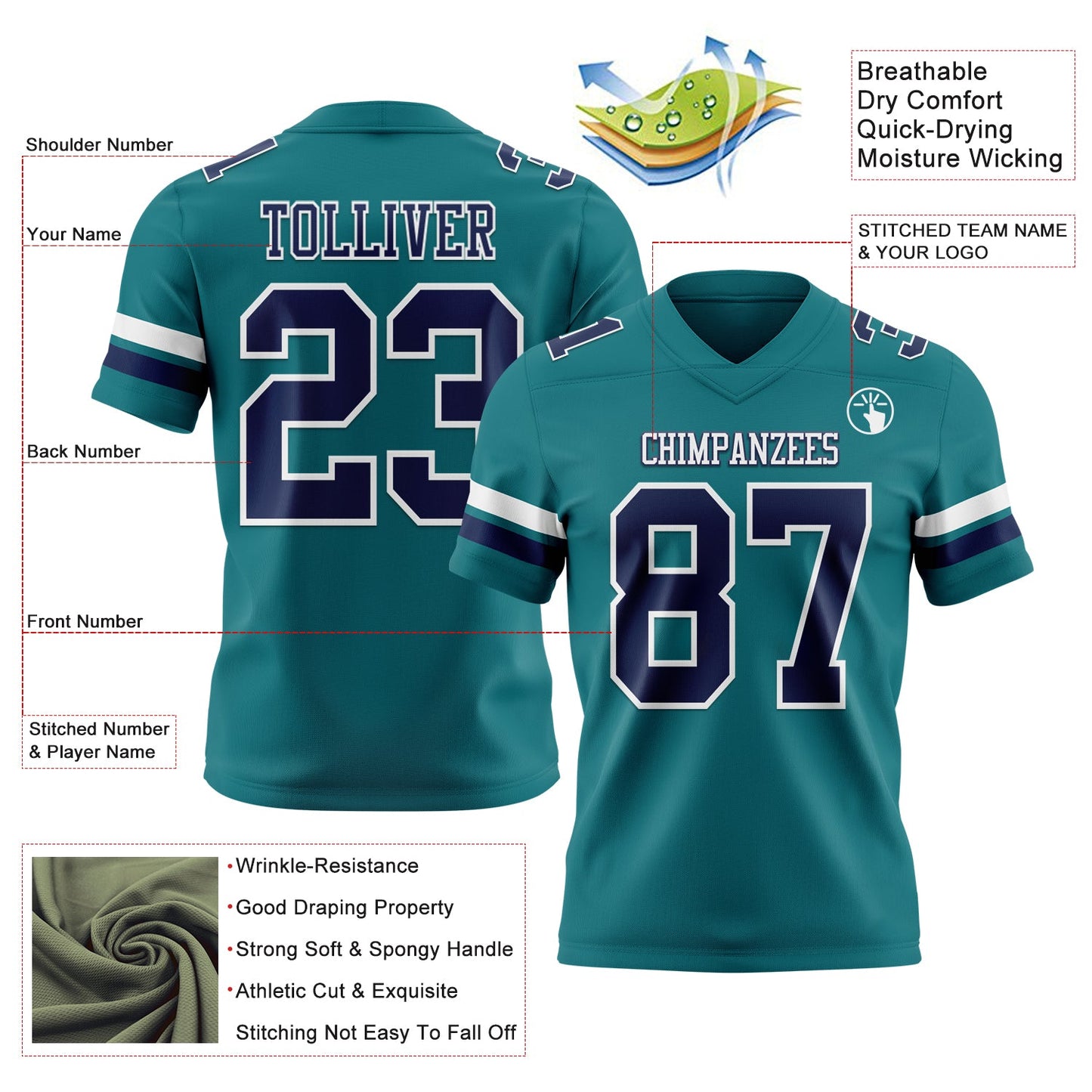 Custom Teal Navy-White Mesh Authentic Football Jersey