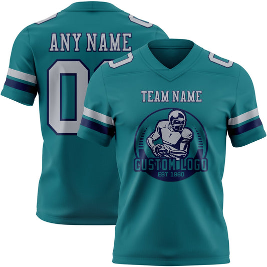 Custom Teal Gray-Navy Mesh Authentic Football Jersey