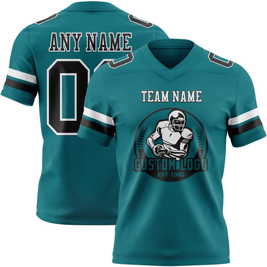 Custom Teal Black-White Mesh Authentic Football Jersey