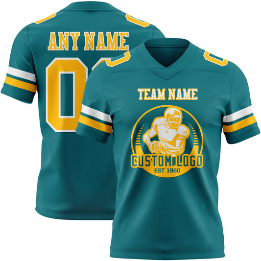 Custom Teal Gold-White Mesh Authentic Football Jersey