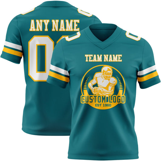 Custom Teal White-Gold Mesh Authentic Football Jersey