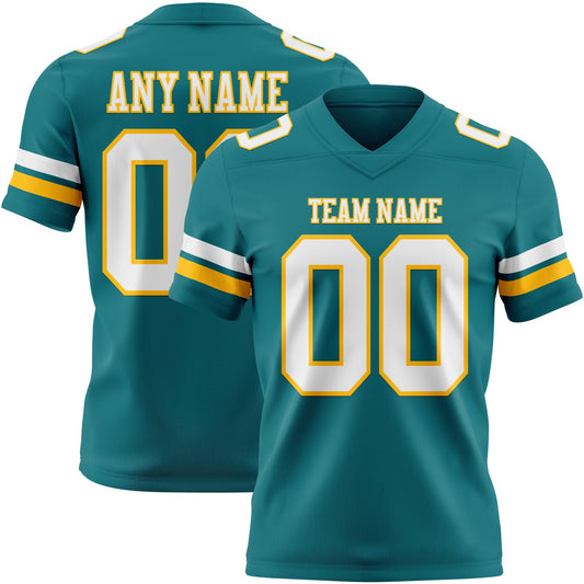 Custom Teal White-Gold Mesh Authentic Football Jersey