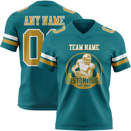 Custom Teal Old Gold-White Mesh Authentic Football Jersey
