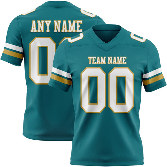 Custom Teal White-Old Gold Mesh Authentic Football Jersey