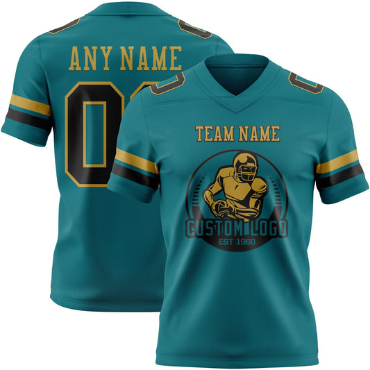 Custom Teal Black-Old Gold Mesh Authentic Football Jersey