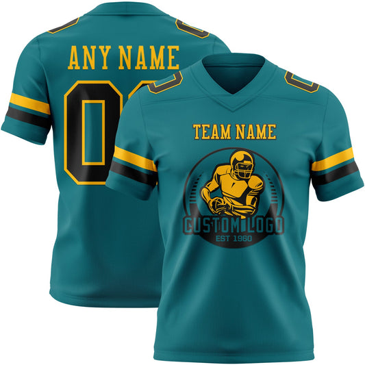 Custom Teal Black-Gold Mesh Authentic Football Jersey