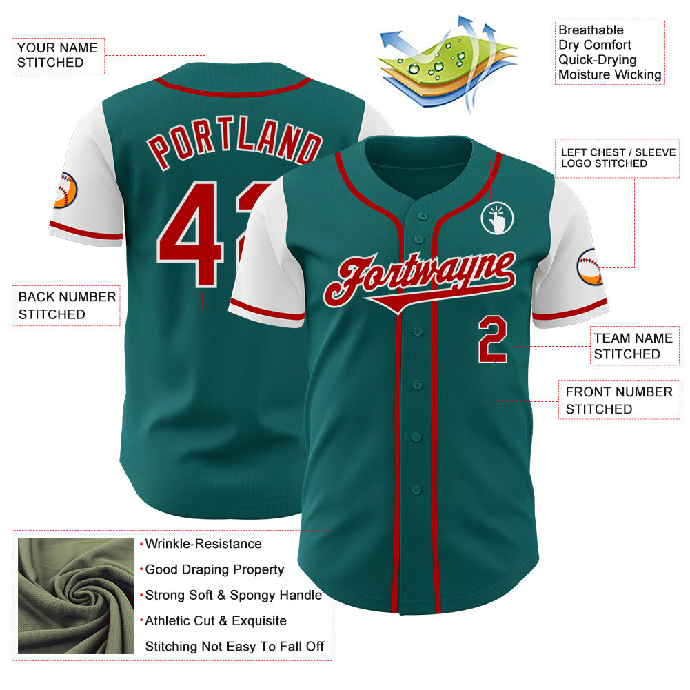 Custom Teal Red-White Authentic Two Tone Baseball Jersey