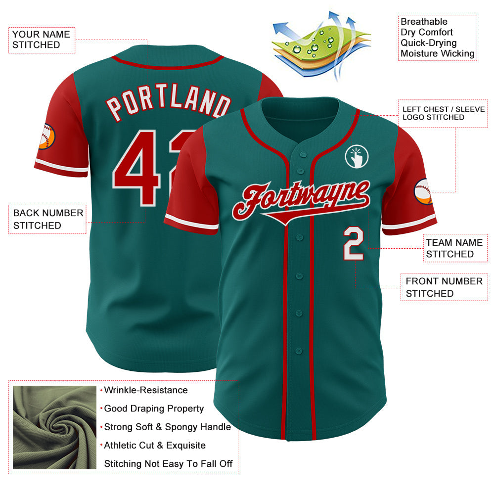 Custom Teal Red-White Authentic Two Tone Baseball Jersey