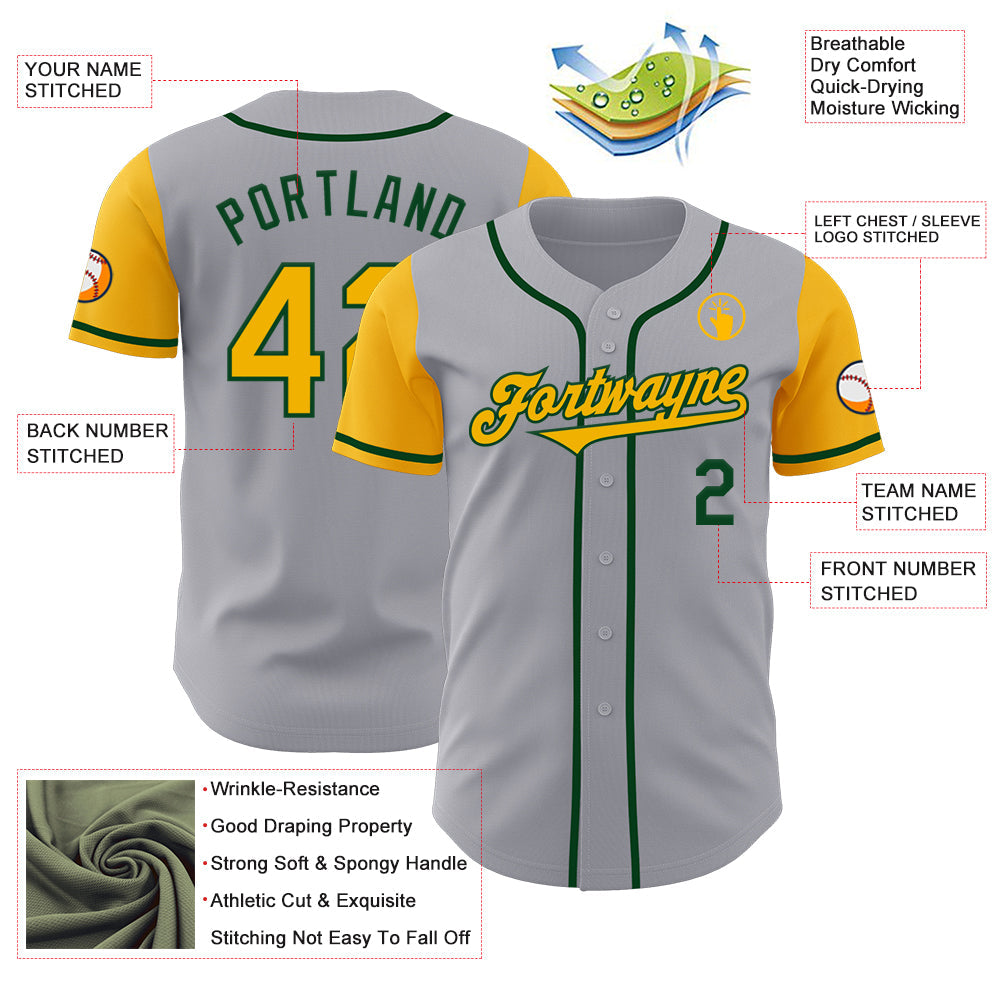 Custom Gray Gold-Green Authentic Two Tone Baseball Jersey