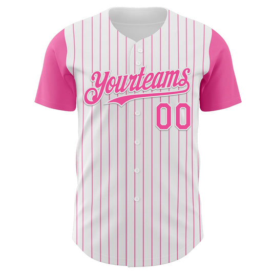 Custom White Pink Pinstripe Pink Authentic Two Tone Baseball Jersey