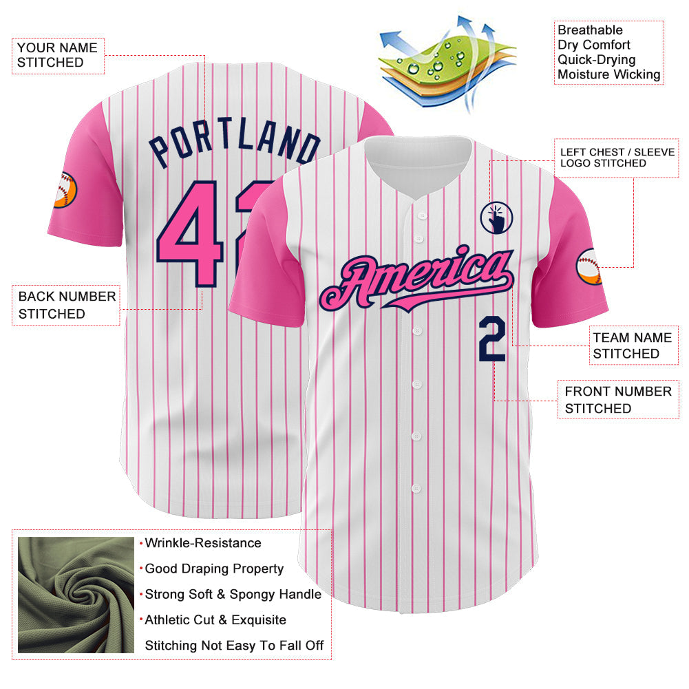 Custom White Pink Pinstripe Navy Authentic Two Tone Baseball Jersey