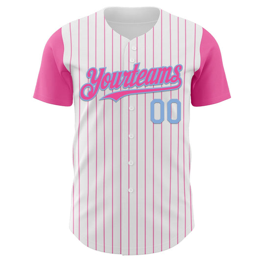 Custom White Pink Pinstripe Light Blue Authentic Two Tone Baseball Jersey