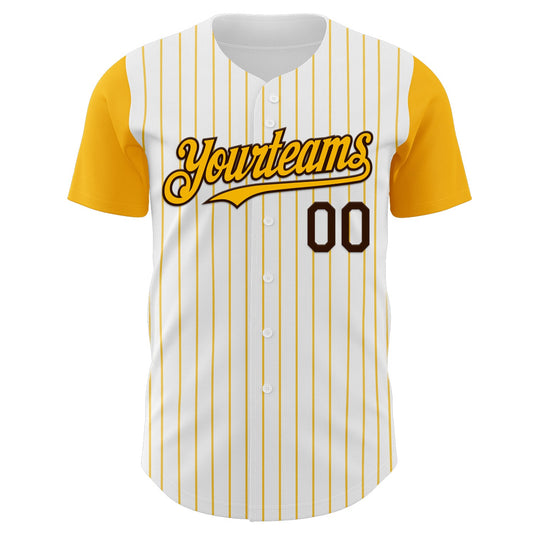 Custom White Gold Pinstripe Brown Authentic Two Tone Baseball Jersey