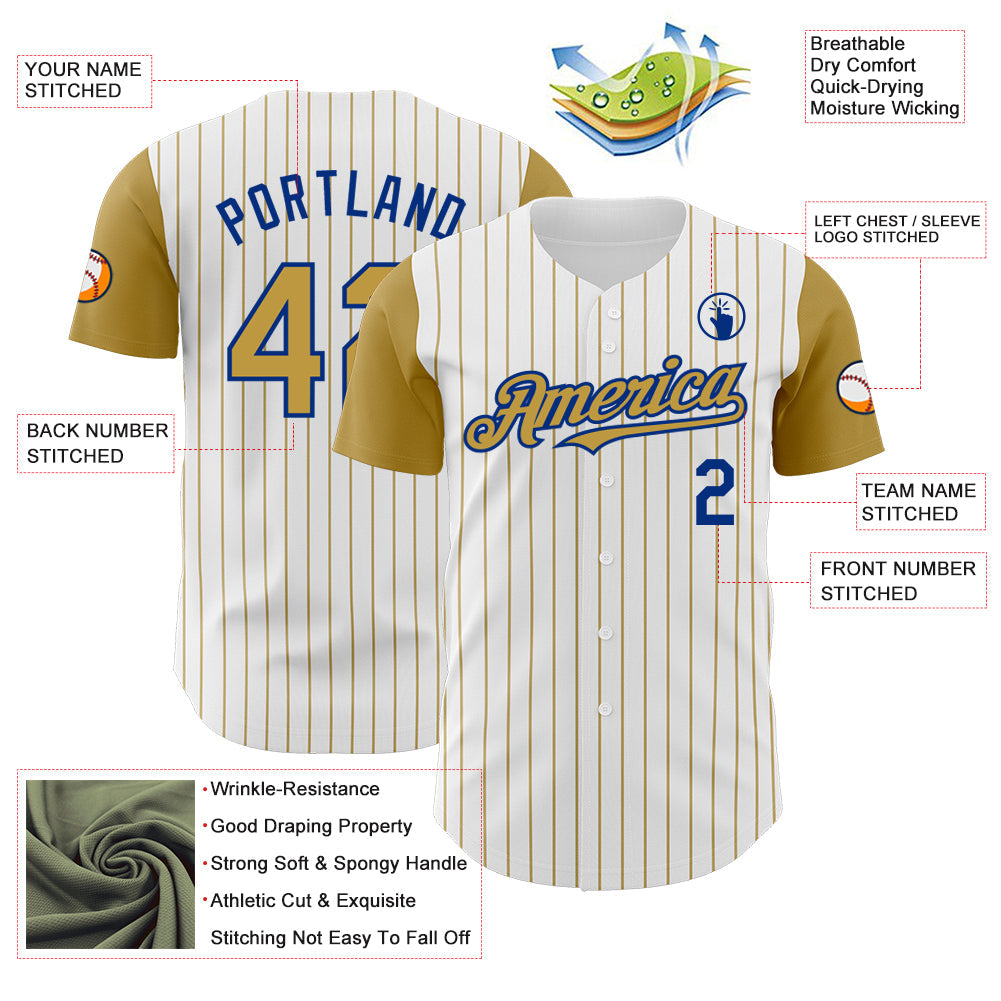 Custom White Old Gold Pinstripe Royal Authentic Two Tone Baseball Jersey