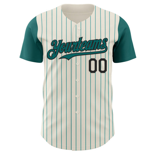 Custom Cream Teal Pinstripe Black Authentic Two Tone Baseball Jersey