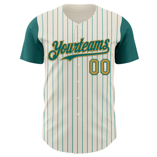 Custom Cream Teal Pinstripe Old Gold Authentic Two Tone Baseball Jersey