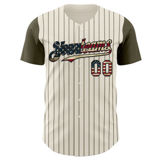 Custom Cream Olive Pinstripe Vintage USA Flag-Black Authentic Two Tone Baseball Jersey