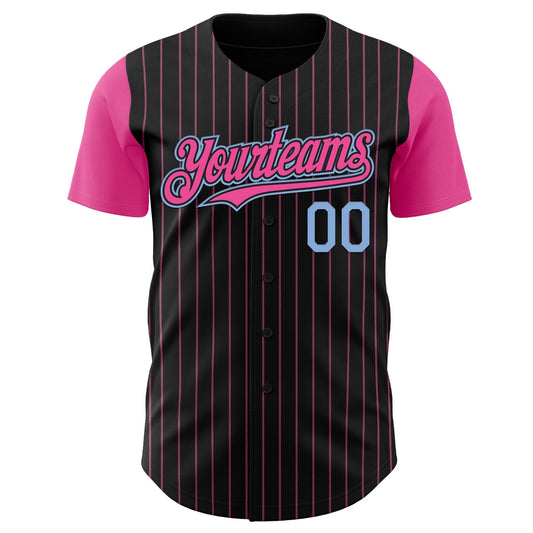 Custom Black Pink Pinstripe Light Blue Authentic Two Tone Baseball Jersey