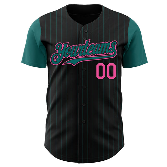 Custom Black Teal Pinstripe Pink Authentic Two Tone Baseball Jersey