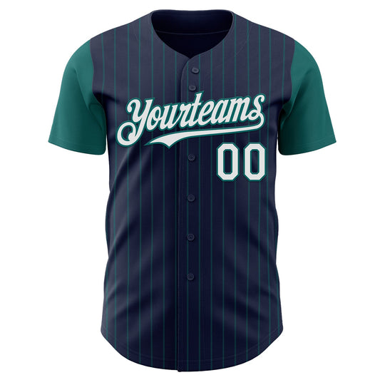 Custom Navy Teal Pinstripe White Authentic Two Tone Baseball Jersey