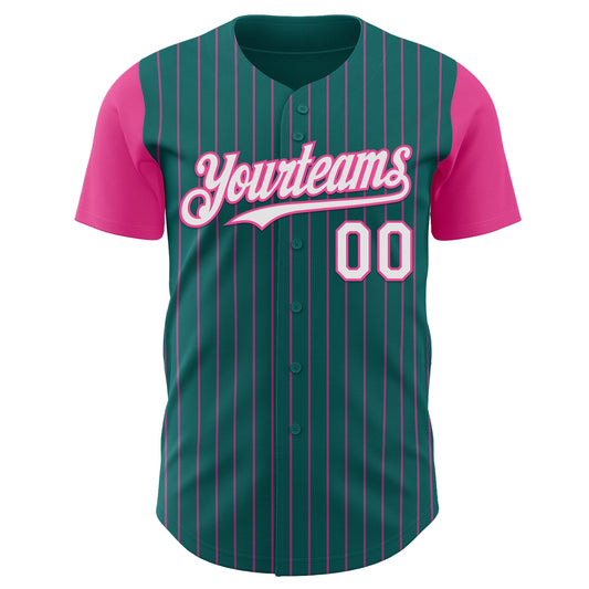 Custom Teal Pink Pinstripe White Authentic Two Tone Baseball Jersey