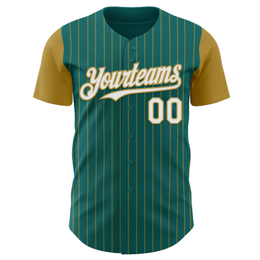 Custom Teal Old Gold Pinstripe White Authentic Two Tone Baseball Jersey