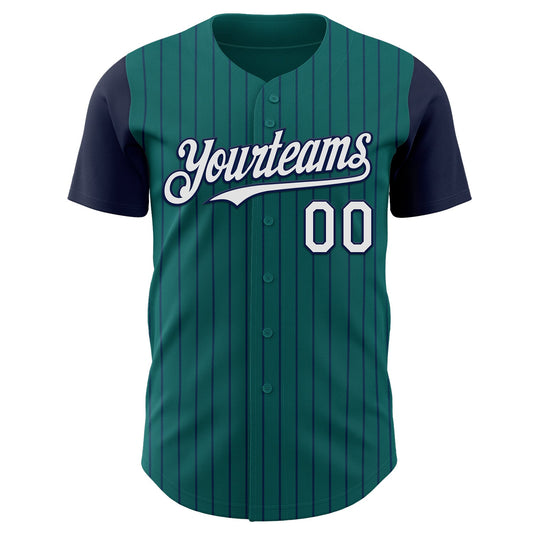 Custom Teal Navy Pinstripe White Authentic Two Tone Baseball Jersey