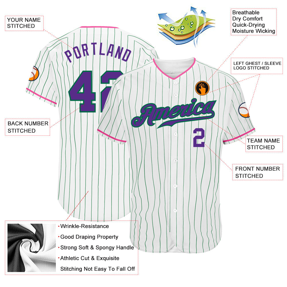 Custom White Kelly Green Pinstripe Purple-Pink Authentic Baseball Jersey