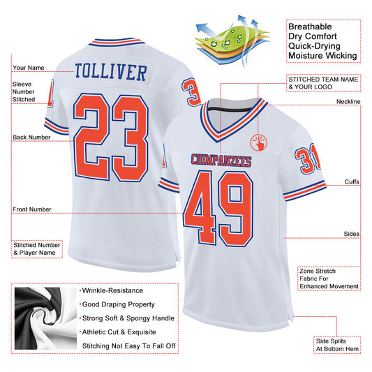 Custom White Orange-Royal Mesh Authentic Throwback Football Jersey