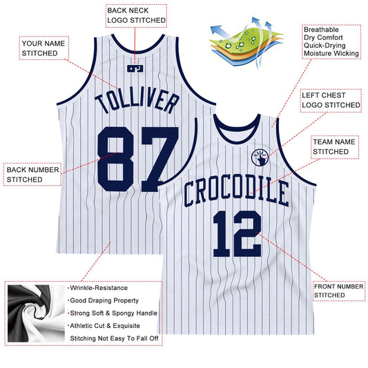 Custom White Navy Pinstripe Navy Authentic Basketball Jersey