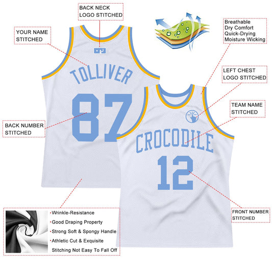 Custom White Light Blue-Gold Authentic Throwback Basketball Jersey