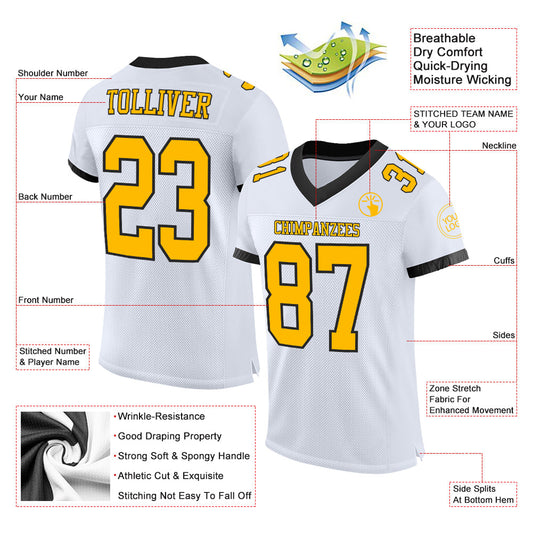 Custom White Gold-Black Mesh Authentic Football Jersey