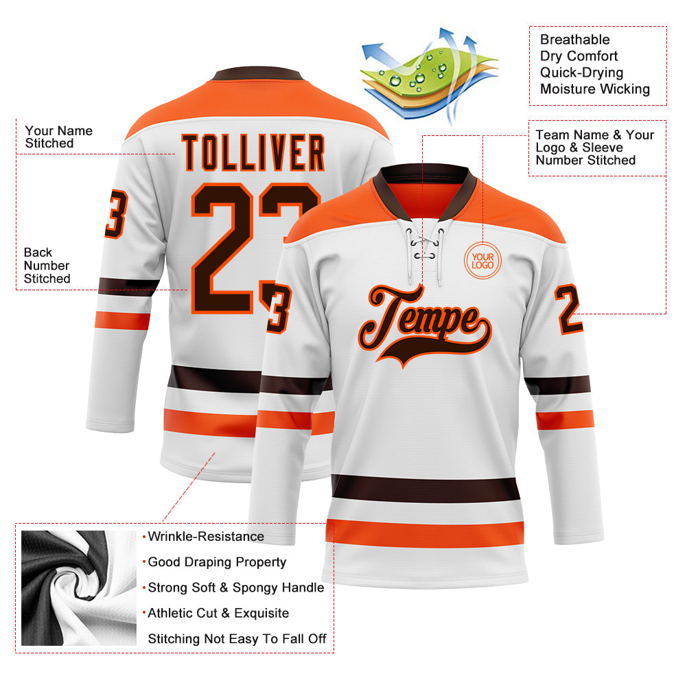 Custom White Brown-Orange Hockey Lace Neck Jersey