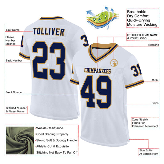 Custom White Navy-Old Gold Mesh Authentic Throwback Football Jersey