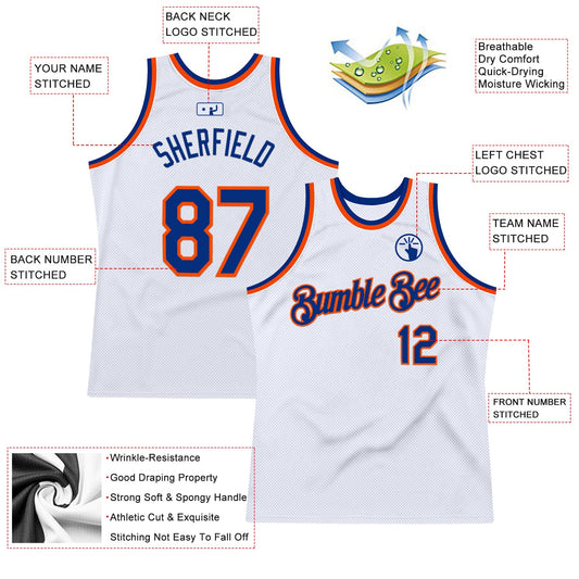 Custom White Royal-Orange Authentic Throwback Basketball Jersey