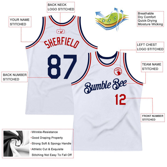 Custom White Navy-Red Authentic Throwback Basketball Jersey