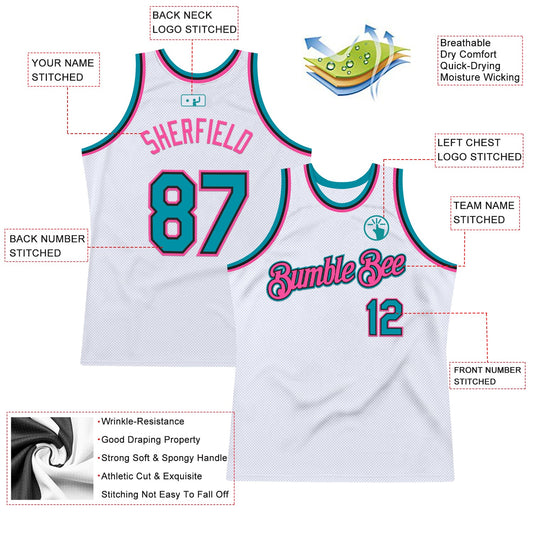 Custom White Teal Black-Pink Authentic Throwback Basketball Jersey