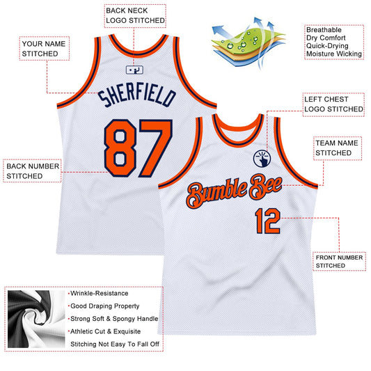 Custom White Orange-Navy Authentic Throwback Basketball Jersey