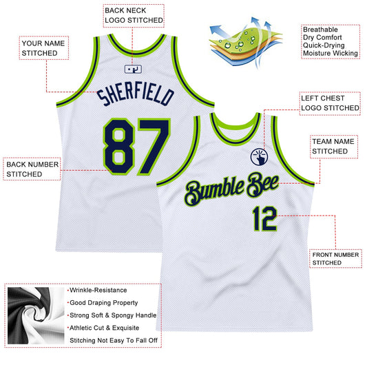 Custom White Navy-Neon Green Authentic Throwback Basketball Jersey